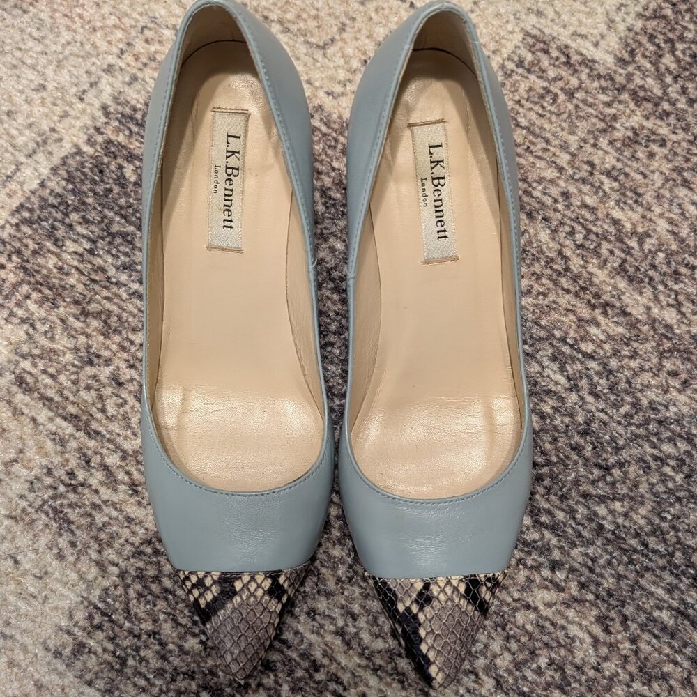 L.K. Bennett London Kay blue leather pumps with snake toe cap, EUC, size 37